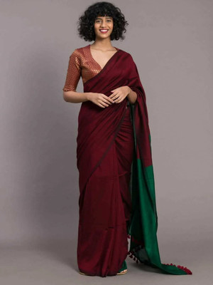 HouseOfCommon Color Block Handloom Cotton Silk Saree(Maroon)