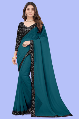 SHELDROM MART Solid/Plain Bollywood Georgette Saree(Dark Blue)
