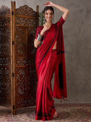 HouseOfCommon Striped, Printed Bollywood Silk Blend Saree(Red)