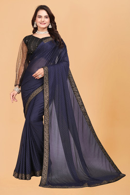 VRAJTEX FAB Embellished Bollywood Lycra Blend Saree(Dark Blue)