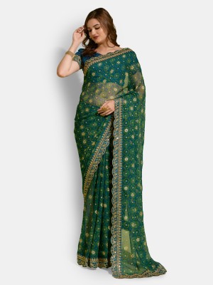 GRANTHI ENTERPRISE Self Design, Embellished, Embroidered, Floral Print, Printed, Woven Bollywood Georgette, Chiffon Saree(Green)