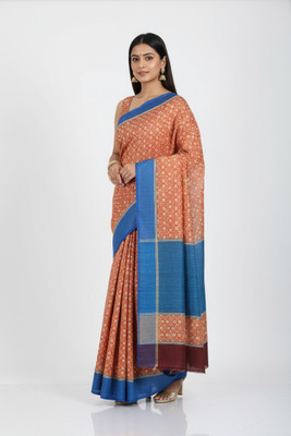 Fabloom Self Design, Woven, Striped Bhagalpuri Handloom Tussar Silk Saree(Orange, Blue)