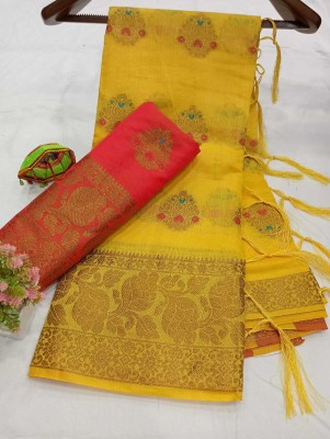 Shivaarya Floral Print Kanjivaram Cotton Silk, Jacquard Saree(Yellow)