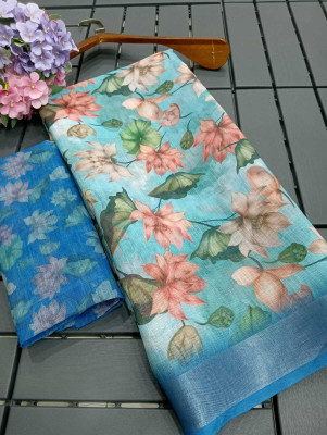 ASHTA Floral Print Kanjivaram Cotton Linen Saree(White, Purple)
