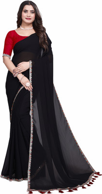 BK COLLECTION Solid/Plain Bollywood Georgette Saree(Black)