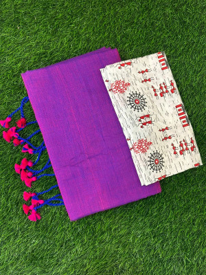 GOLU Solid/Plain, Printed Kalamkari Handloom Pure Cotton Saree(Purple, White)