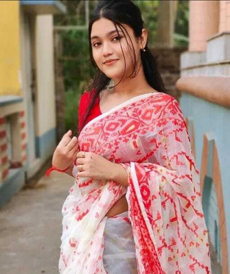 Hiya saree And Punjabi house Self Design Jamdani Cotton Blend Saree(White, Red)