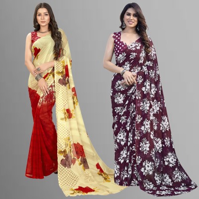 kashvi sarees Floral Print Daily Wear Georgette Saree(Pack of 2, Pink, Beige, Brown)