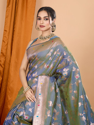 SICHYAH Woven Banarasi Pure Silk Saree(Grey)