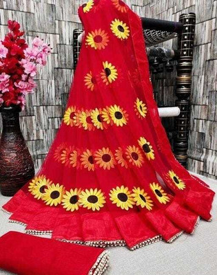 FUSIONVALLEY Embroidered Maheshwari Net Saree(Red)