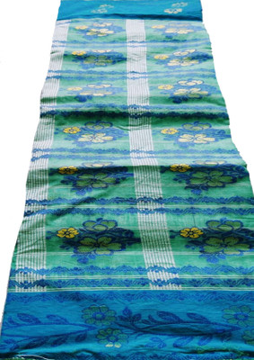 THE BULL Embroidered, Woven Jamdani Cotton Blend Saree(Green, Blue)