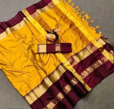 HouseOfCommon Printed Banarasi Handloom Cotton Silk Saree(Yellow, Brown)