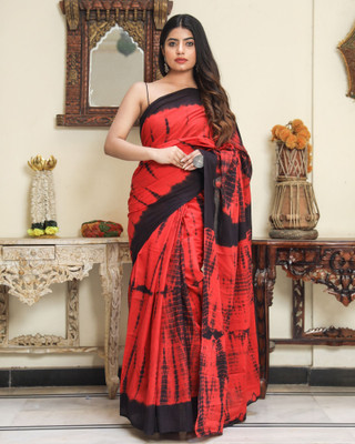 Elbwear Printed Ikkat Pure Cotton Saree(Red)