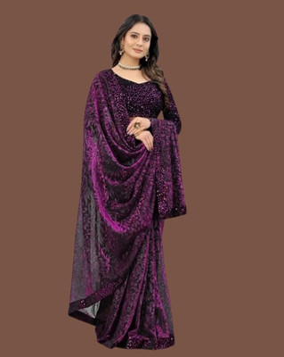 Vragi Solid/Plain Bollywood Lycra Blend Saree(Magenta)