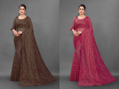 Fashion Field Self Design Bollywood Net Saree(Pack of 2, Brown, Maroon)