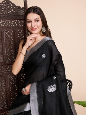 Tasrika Embellished, Embroidered, Hand Painted Bollywood Pure Silk Saree(Black)