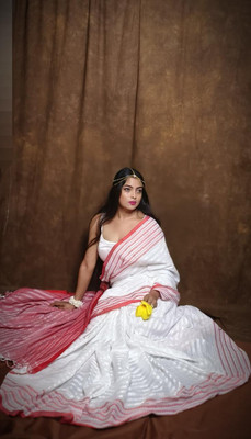 WeaveAura Solid/Plain, Striped Handloom Cotton Silk Saree(White)