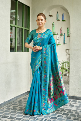 LeeliPeeri Designer Printed Paithani Cotton Silk Saree(Blue)