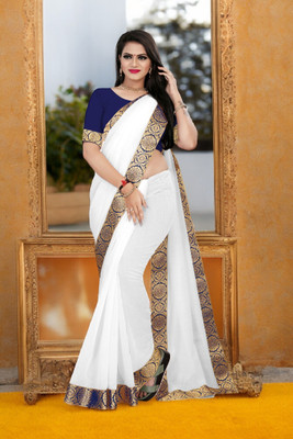 Volmina Solid/Plain Chanderi Cotton Blend Saree(White)