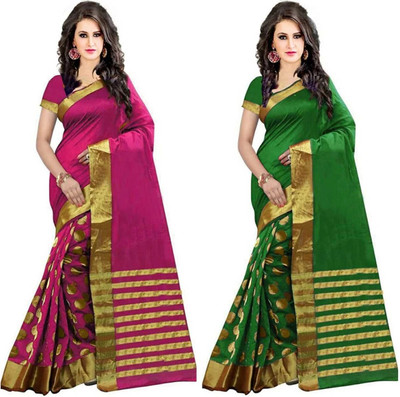 Jk Ethnic Wearl Embellished, Solid/Plain, Striped Daily Wear Chanderi, Cotton Silk Saree(Pack of 2, Pink, Green)