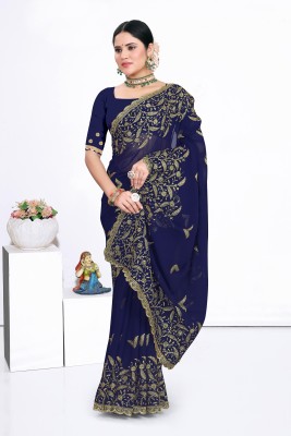 k d fab Embroidered Bollywood Georgette Saree(Dark Blue)