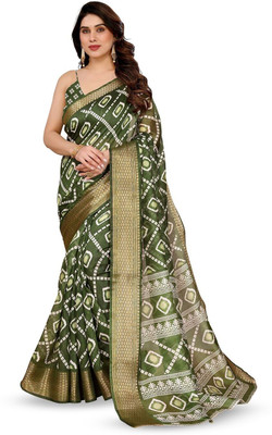 Moda Rapido Printed Bandhani Cotton Blend Saree(Green)