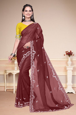 Infyshopy Fashions Self Design, Embroidered, Solid/Plain, Dyed Bollywood Georgette Saree(Maroon)