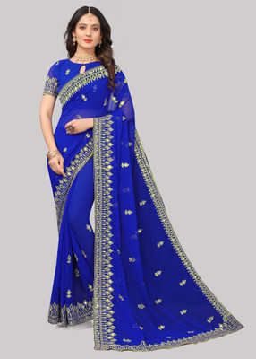 Disha Fashion Embroidered Banarasi Georgette Saree(Light Blue)