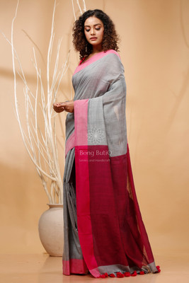 Bong ButiQ Solid/Plain Handloom Cotton Blend Saree(Grey)
