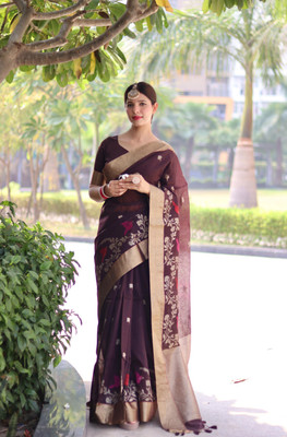 DRAVYA WOMEN Woven, Self Design Bollywood Linen, Silk Blend Saree(Brown)
