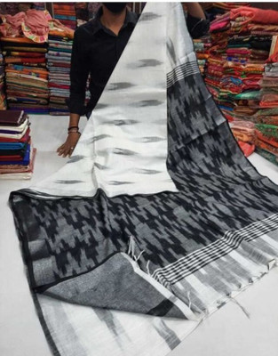 Manikant Handloom Printed Ikkat Cotton Blend Saree(White, Black)