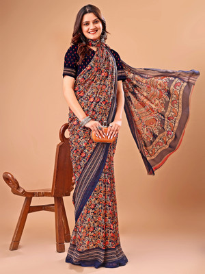 Anmi Printed Bollywood Chiffon Saree(Dark Blue, Red)