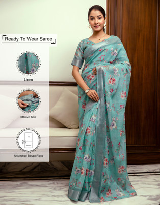 Samah Floral Print, Woven, Embellished Bollywood Linen Saree(Multicolor, Blue)