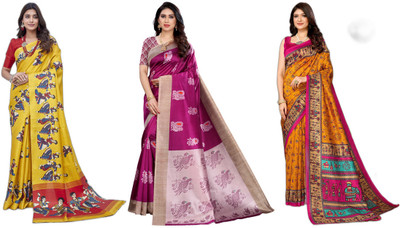YASHIKA Printed, Woven Kalamkari Art Silk Saree(Pack of 3, Yellow, Purple)