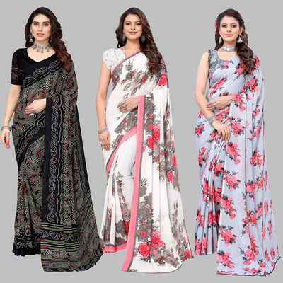 Priyashi Floral Print Bandhani Georgette Saree(White, Black, Grey)