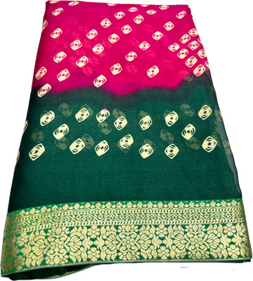 MINE CHOICE Printed Bandhani Crepe, Chiffon Saree(Pink, Dark Green)