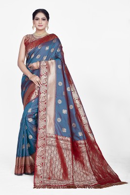 Navanari Self Design, Woven, Embellished, Applique Banarasi Jacquard, Art Silk Saree(Light Blue)