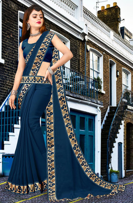 Offirra International Printed Banarasi Lycra Blend, Chiffon Saree(Dark Blue)