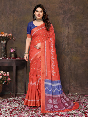 Soor Panchi Digital Print Banarasi Cotton Linen Saree(Red)