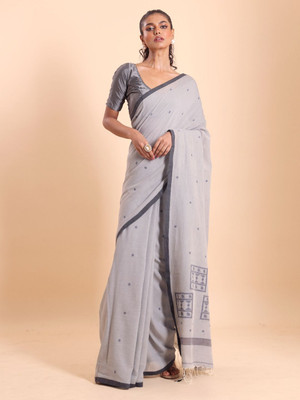 Blouson Printed Jamdani Pure Cotton Saree(Grey)