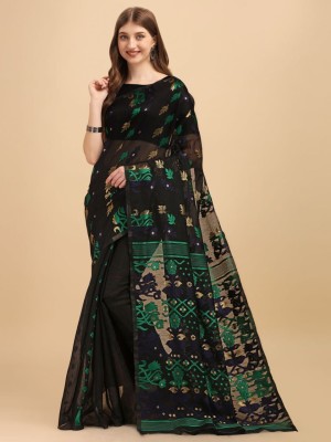 Mendoo's Woven Banarasi Cotton Silk Saree(Black)