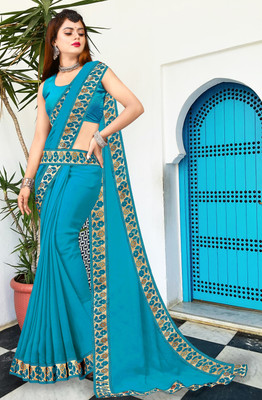 Offirra International Embroidered Banarasi Lycra Blend, Chiffon Saree(Light Blue)