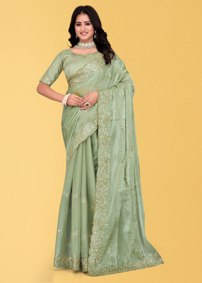 Brahmani Creation Embroidered Banarasi Organza Saree(Light Green)