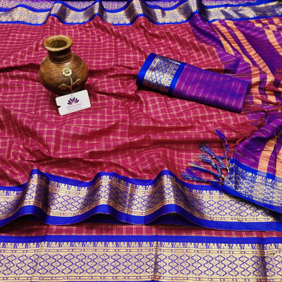 sanvi Woven, Checkered, Embellished, Self Design Daily Wear Jacquard, Cotton Silk Saree(Maroon)