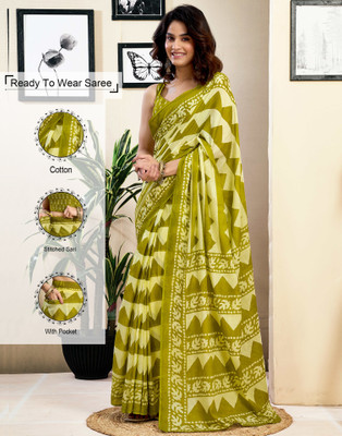 Samah Floral Print, Geometric Print, Printed Daily Wear Pure Cotton Saree(Green, White)