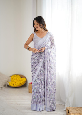 Divastri Digital Print, Floral Print Daily Wear Georgette, Satin Saree(Purple)