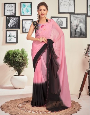 Satrani Dyed, Embroidered, Embellished Bollywood Chiffon, Georgette Saree(Pink, Black)