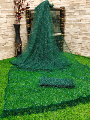 Z HUB Embellished Assam Silk Net Saree(Dark Green)