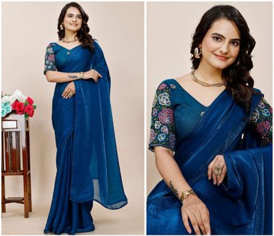 K 5 FASHION Solid/Plain Bollywood Chiffon Saree(Dark Blue)
