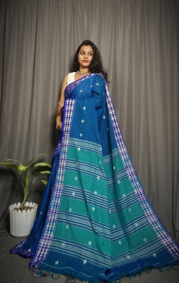 DHRITIS Woven Handloom Cotton Blend Saree(Light Blue)
